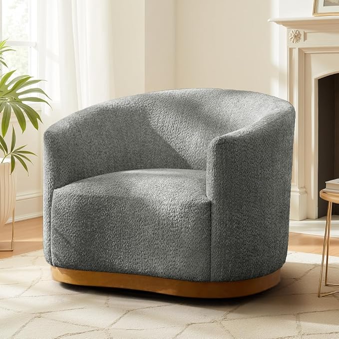 HULALA HOME Chenille Swivel Accent Chair Fully Assembled Comfy Upholstery Barrel Armchair with Sturdy Solid Wood Base Grey