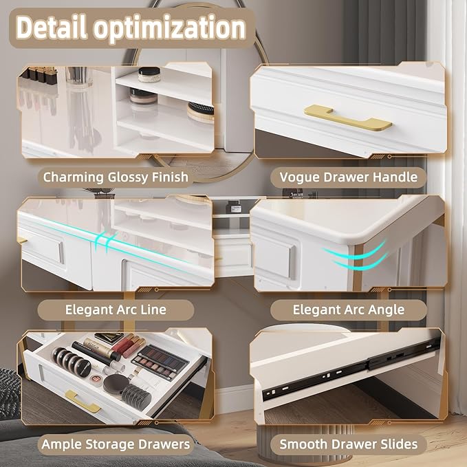 WESTREE Modern Makeup Vanity Desk with Glossy DesktopBedroom Home Office Writing Desk with Drawers Storage Shelf Gold Metal Frame for Dressing Table Without Mirror