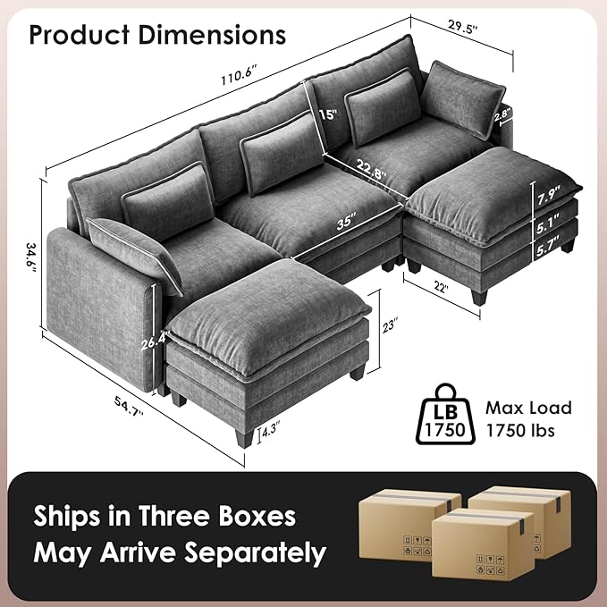 Marsail Modular Sectional Sofa 110.6 U-Shaped Modern Comfy Cloud Couch 5-Seat Chenille Deep Seat Sofa with Throw Pillow &amp Movable Ottoman for Living Room Bedroom and Apartment Charcoal Gray