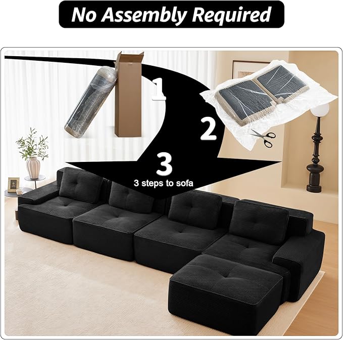 150 Modern Boneless Couches for Living Room Corduroy Cloud Couch Sectional Black Modular Sectional Sofa 4 Seater with 1 Ottoman Sofas para Sala L Shape Sofas &amp Couches (Black 4+1 Set)