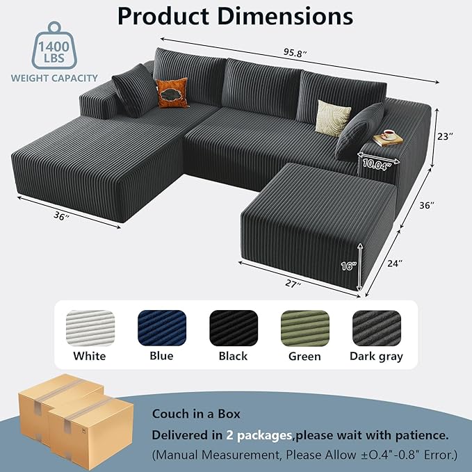 96 W Cloud Sectional Couch with OttomanModern U-Shaped Cloud Couch with Deep SeatComfy Corduroy 3-Seater SofaMemory Foam Sofa for Living RoomNo Assembly (Dark GreyLeft-Facing Chaise)