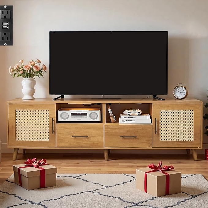 TV Stand for 70 Inch TV 63 Modern Entertainment Center with LED Light &amp Storage Shelves 2 Drawers and Cabinets Boho TV Stand with Outlet for Living Room (Oak)