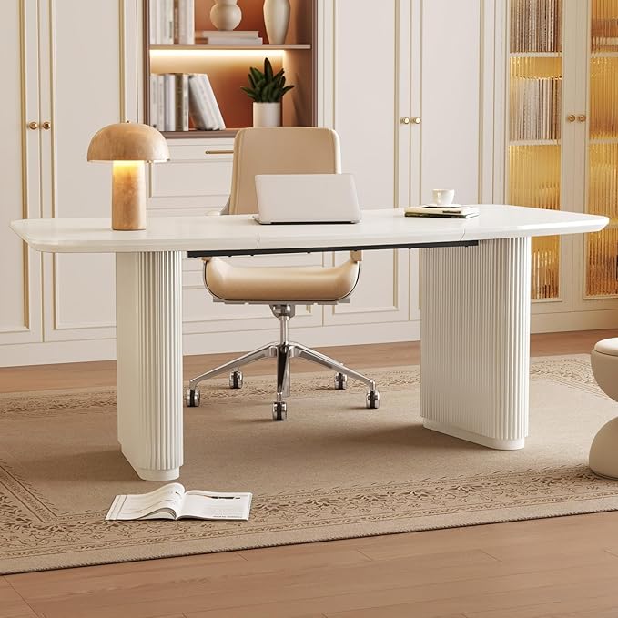 78 Rectangular Executive Desk Large Office Desk with Double Pedestal Modern Home Office Computer Desk Workstation for Home Office Cream White