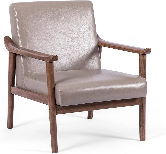 UNICOO - PU Leather Accent Chair Armchair with Solid Wood Frame. Mid Century Modern Reading Arm Chair Sofa Chairs for Living Room Bedroom (U2120-Grey)