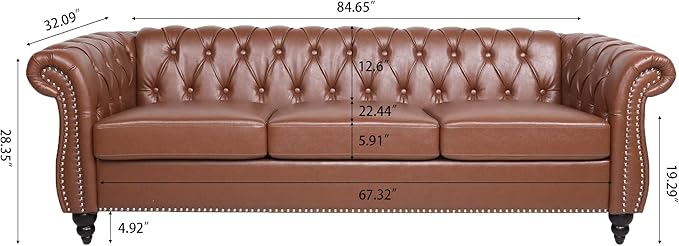 84.65''Chesterfield Sofa Mid Century Modern Tufted Sofas with Rolled Arms and Nailhead 3-Seat Upholstered Leather Sofa Couch with Solid Wood Legs for Living Room Office Brown PU