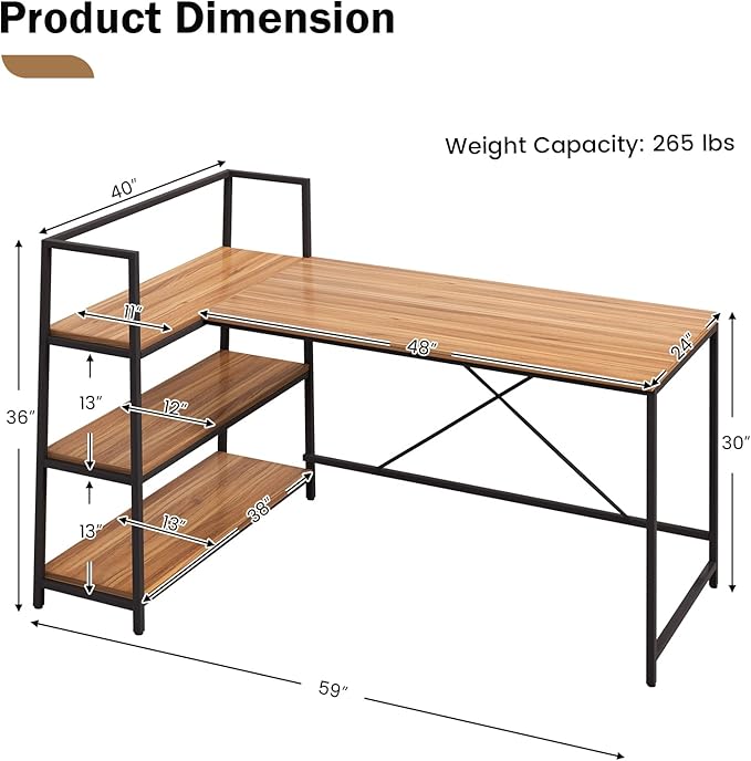 COSTWAY 59 Inch L-Shaped Computer Desk Large Reversible Corner Desk with Open Storage Shelves Space-Saving Writing Study Table PC Laptop Gaming Desk for Home Office (Black + Walnut)