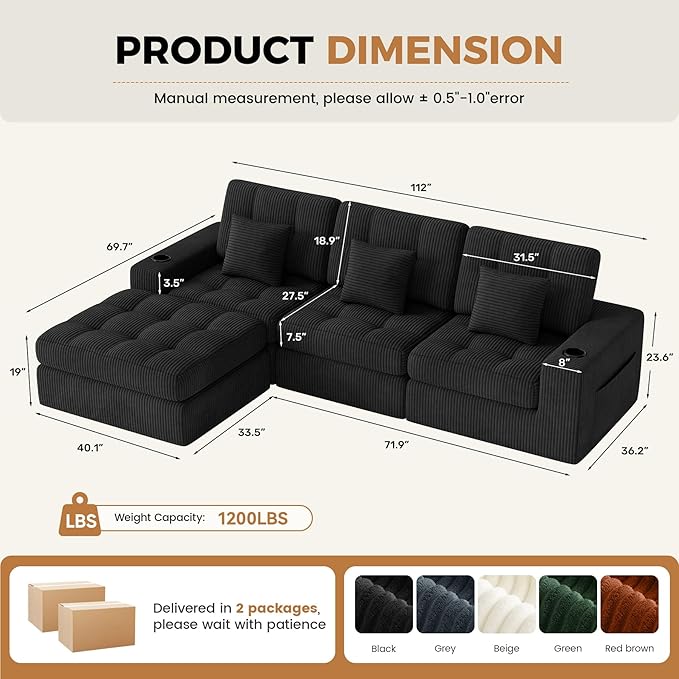 112 L Shaped Cloud Boneless CouchModern Modular Sectional Sofa with Layered CushionNo Assembly Convertible Corduroy Couches for Living RoomBlack 1 PCS