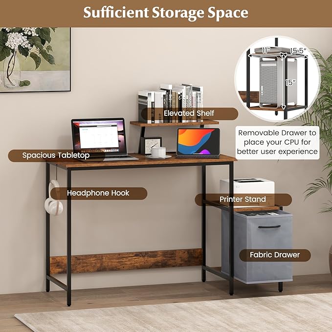 Tangkula Computer Desk with Charging Station Home Office Desk with Reversible Fabric Drawer Headphone Hook &amp Elevated Shelf Study Writing Table Industrial PC Workstation for Home