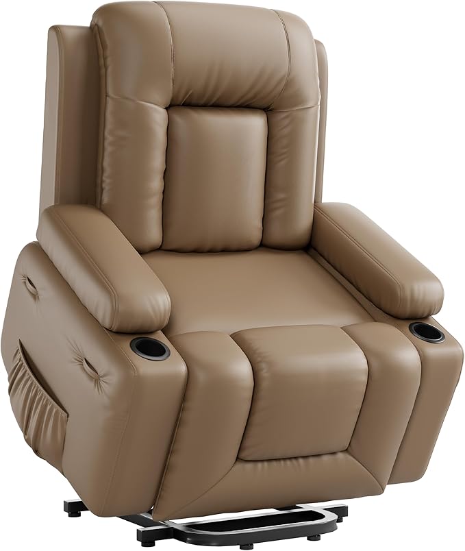 PU Leather Power Lift Recliner Chair Faux Leather Recliner Chair Sofa with Massage and Heat Remote Control Electric Stand Assist for Elderly and People Limited MobilityTan