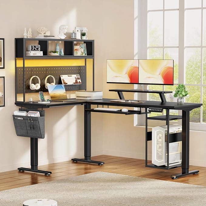 Flycity Electric L Shaped Standing Desk Adjustable Height 67 x 47 Corner Computer Desk with Host Shelf Gaming Desk with LED Lights &amp Power Outlet Dual Motor Home Office Desk with Storage Bla
