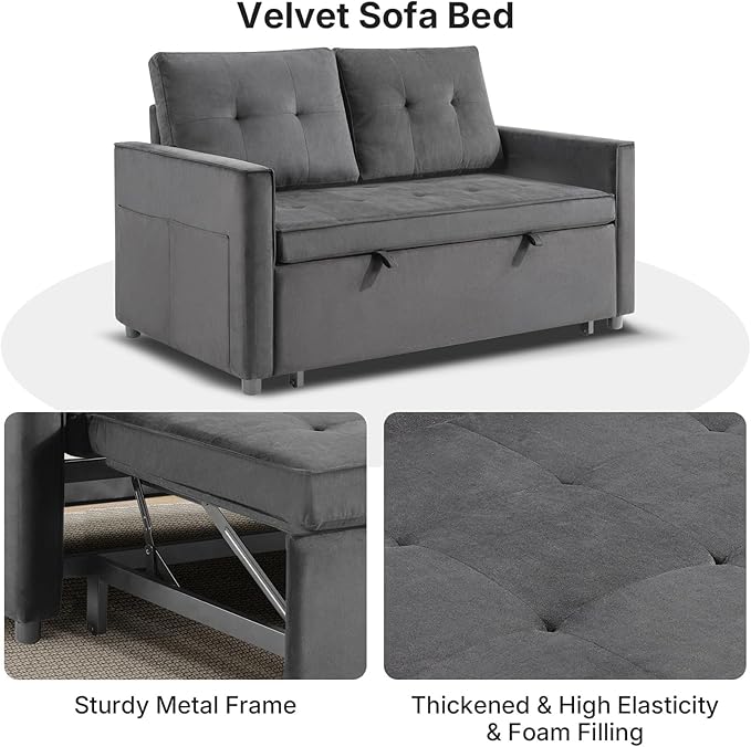 Rovibek 3-in-1 Velvet Sleeper Sofa Bed Convertible Pull Out Couch for Living Room with Adjustable Backrest Side Pockets Velvet Fabric Loveseat Sofa for Apartment Grey