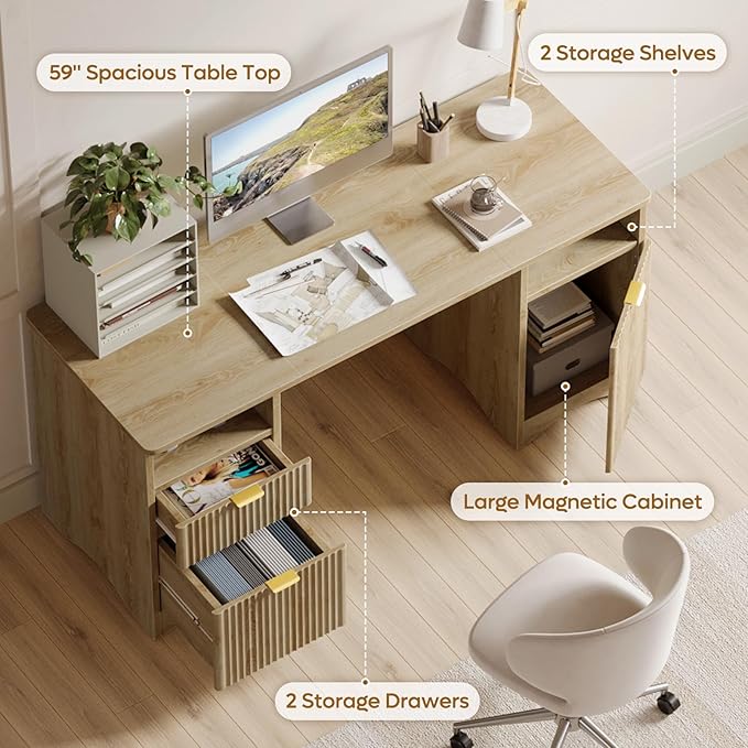 Bestier Computer Desk with 2 Drawer 59 inch Office Desk with Storage Cabinet &amp 2 Open Storage Fluted Executive Desk for Home Office &amp Studio Brown Oak