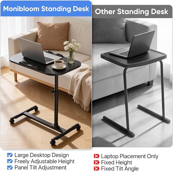 MoNiBloom Rolling Mobile Standing Desk 360° Rotatable Panel Adjustable Height 59''-89'' Portable Overbed Laptop Sofa Table Cart with Wheels for Offices Home Medical Black