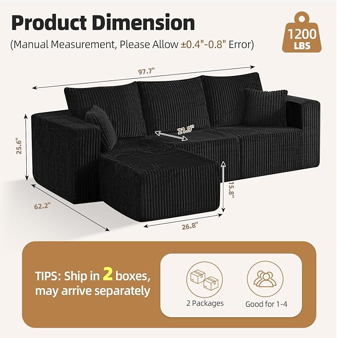 98 Modular Sectional Sofa L-Shaped 3 Seater Boneless Couch with Ottoman Modern Cloud Sectional Couch Deep Seat Sofa for Living Room Bedroom Apartment No Assembly Required Black