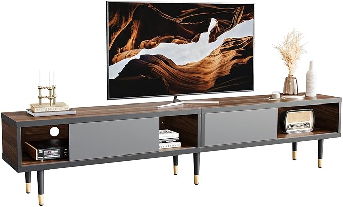 Bestier Mid Century Modern TV Stand for 85 inch tv Entertainment Center with Storage and Sliding Doors 2 in 1 Long TV Cabinet for Living Room Ancona Walnut
