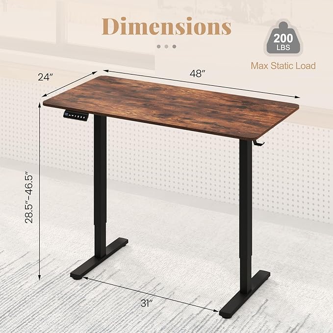 Tangkula 48” x 24” Electric Standing Desk Ergonomic Height Adjustable Sit to Stand Desk with 3 Memory Settings Anti-Collision Protection &amp Hook Computer Workstation for Home Office (Rustic Brow