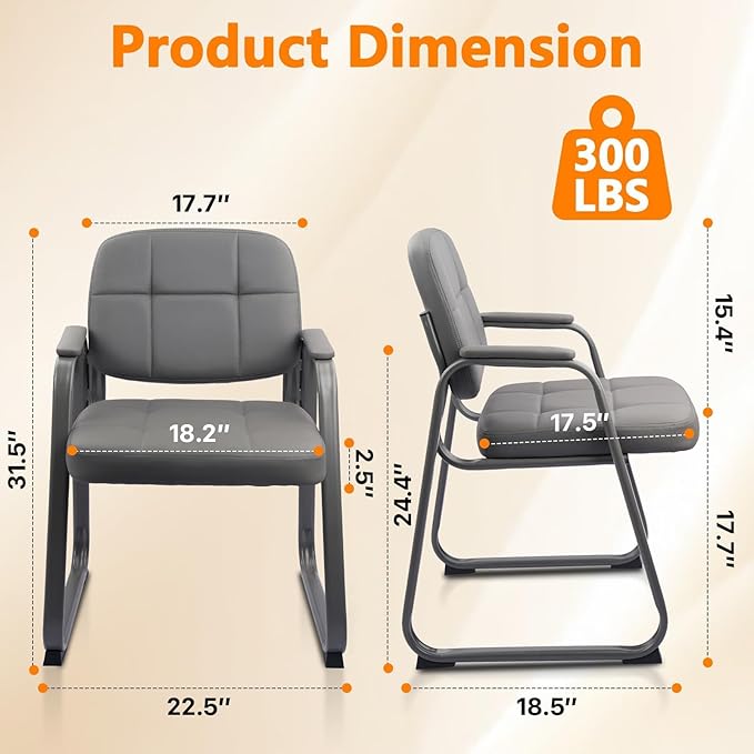 CLATINA Leather Office Guest Waiting Room Chair with Sled Base Reception Chair No Wheels with Armrests and Lumber Support Stationary Desk Armchair for Meeting Conference Lobby Shool Grey 2 PK