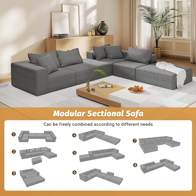 132'' Oversized Cloud Couch Upholstered Modular Sectional Sofa with 6 Pillows Deep Seat Chenille Couches for Living Room Modular Sectional Sofa Free Combination No Assembly Required (Gray)