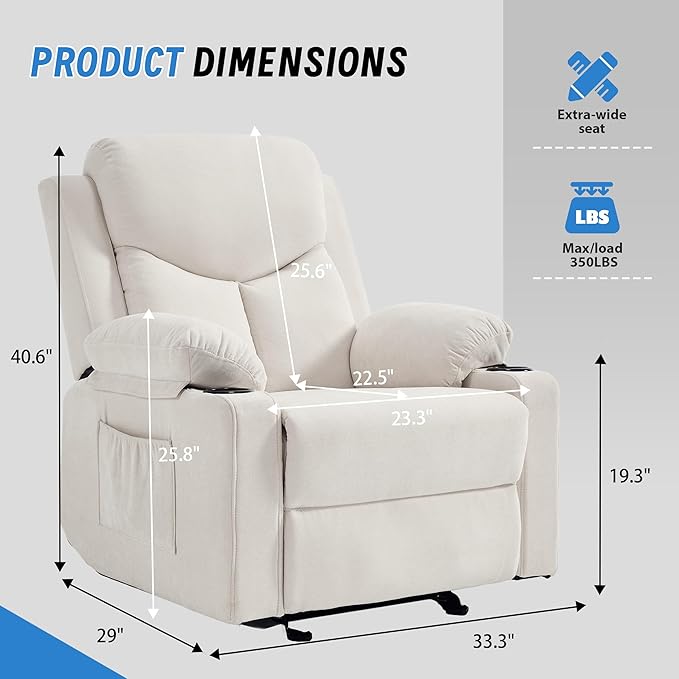 Manual Rocker Recliner Chair for Adults with Vibration MassageGlider Rocking Recliner Chairs for Living Room Bedroom Overstuffed Reclining Sofa Chair with Pockets and Cup Holds (Beige)