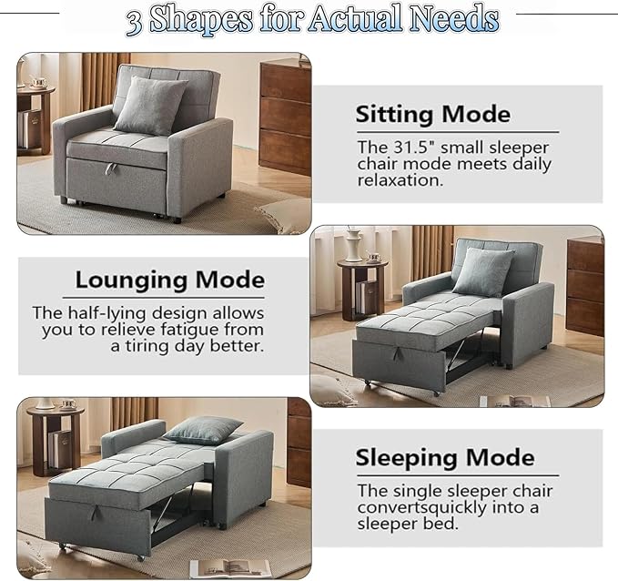 3-in-1 Convertible Sleeper Chair Pullout Chair with Extra Pillow Recliner Sofa Bed with 4 Adjustable Angles Convertible Lazy Sofa Bed for Small Spaces Home Office Light Gray