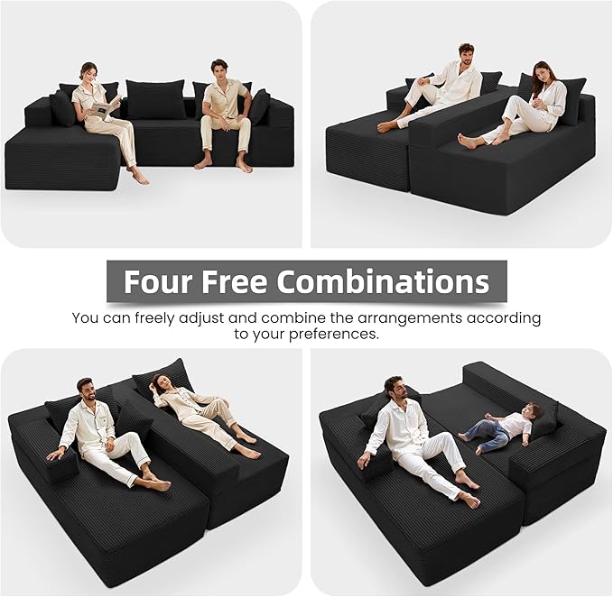 105 Modular Sectional Couches for Living RoomBoneless Couch with L-Shape ChaiseComfy Corduroy Sectional SofaNo Assembly RequiredBedroom Black
