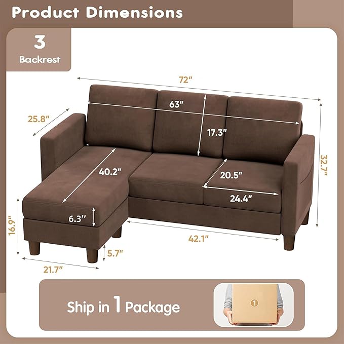 VICTONE Convertible Sectional Sofa Couch 3 Seat L-Shaped Sofa with Linen Fabric Ottoman Small Couch for Small Apartments Living Room and Office (Linen Fabric Brown)
