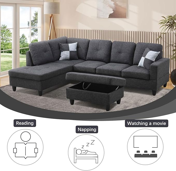 L-Shaped 3-Piece Flannel Sofa with Storage Ottoman Set Sectional Couch Sofa Set for Living Room Office Small Space Black Grey