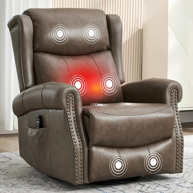 360° Swivel Glider Chair for Nursery Wingback Genuine Leather Rocking Recliner with Lumbar Heat &amp Massage 8-Point Vibration Massage for Living Room Bedroom
