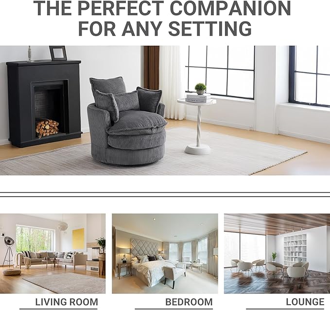 Karl home Swivel Barrel Chair-Corduroy360 Degree Modern Lounge Armchair ChairComfy Round Accent Single Sofa Chair with 3 Pillows for Living RoomBedroomLoungeHotelGrey