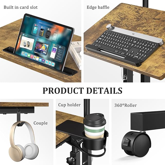 Small Standing Desk with Wheels Mobile Stand Up Desk Portable Standing Table on Wheels for Walking Pad Rolling Computer Desk Adjustable Height Tall Table