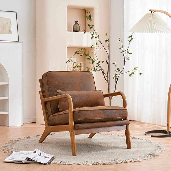 Mid-Century Armchair with Solid Wood FrameLiving Room Chair with Extra-Thick Padded Backrest and Seat CushionSingle Sofa Chairs with Non-Slip Feet105° Slop BackLinen Accent Chair for ClubOffice