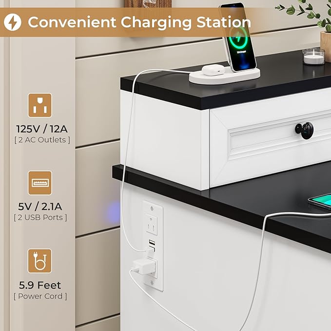 BTHFST Executive Desk with File Drawer Computer Desk with Monitor Stand Home Office Desk with Drawers &amp Storage Cabinet Writing Desk with Charging Station &amp LED Lights White