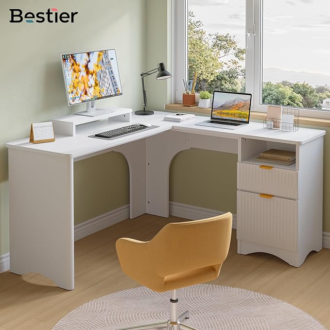 Bestier L Shaped Desk with File Drawer 55.7 x 55 Office Computer Desk with Round Corners Modern Desk with Monitor Stand &amp Fluted Panels for Home Office White
