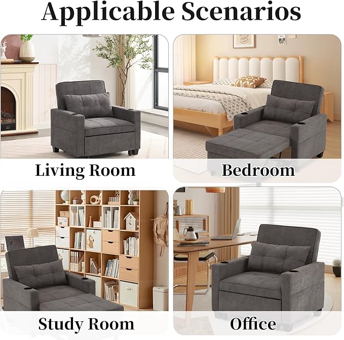 Sleeper Chair Bed Convertible Chair Bed Pull Out Chair Beds with USB Charging &amp Cupholders Adjustable Backrest Leather Futon Chair Bed for Living Room Bedroom (Dark Grey(Cloth))