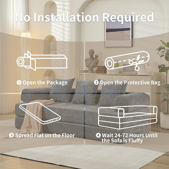 Convertible Sofa Bed 4-in-1 Floor Foldable Couch Bed with Armrests &amp Pillow Chenille Fabric No Assembly Required Comfy Memory Foam Couch Lounge Sofa for Living Room Light Blue