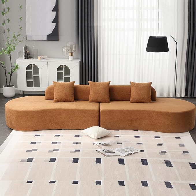 130.5 Curved Sectional Sofa for Living Room Modern Boneless Cloud Couch 4-Seater Brown Sectional Couch with 3 Pillows for Apartment Bedroom Office