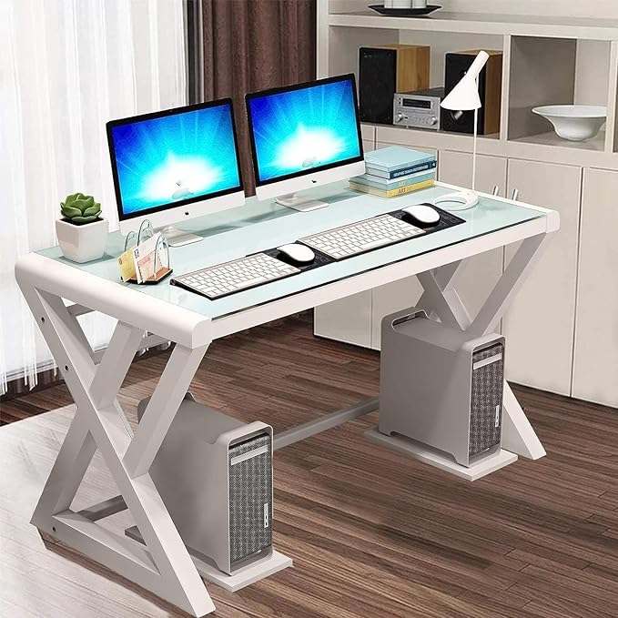 BINGTOO 55.1 Glass Top Computer Desk with Metal Frame - Modern Simple Workstation for Home Office Gaming Writing Study &amp Work White