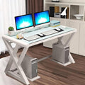 BINGTOO 55.1 Glass Top Computer Desk with Metal Frame - Modern Simple Workstation for Home Office Gaming Writing Study &amp Work White
