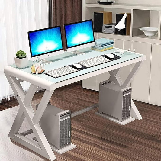 BINGTOO 55.1 Glass Top Computer Desk with Metal Frame - Modern Simple Workstation for Home Office Gaming Writing Study &amp Work White