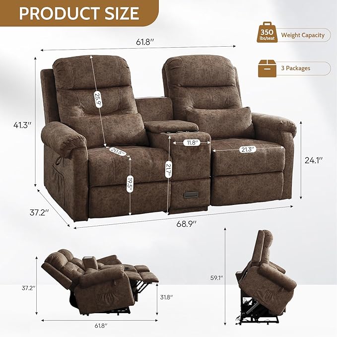 Power Lift Recliner LoveseatVelvet Reclining Loveseat Sofa RV Couch with ConsoleDual Power Lift Recliner Chair for Elderly with Heat and MassageElectric Lift Chairs for Living Room (Brown)