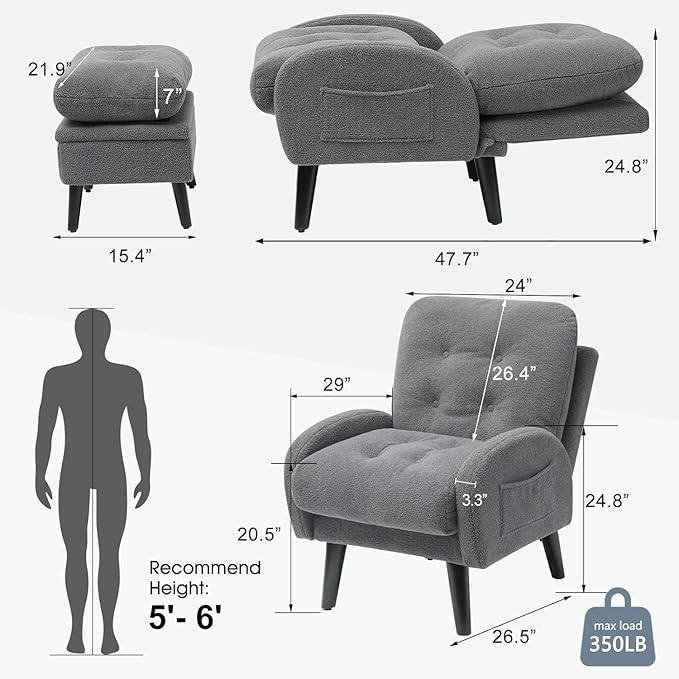ELUCHANG Accent Chairs with Ottoman Upholstered Comfy Armchair with Adjustable Backrest&ampStorage Footrest Lazy Chair Reading Chair Leisure Sofa Recliner for Living Room Bedroom (Grey - Teddy Fabr