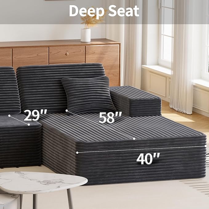 109 L Shaped Cloud Modular Sectional Couch w/Lounge Chaise Plush Corduroy Boneless Couch in a Box Comfy Modern Modular Sectional Sofa for Living Room Bedroom Apartment Corner (Grey Right Facing)