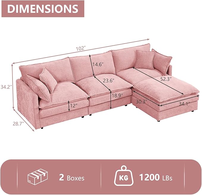 GNIXUU 102 Modular Sectional Sofa L Shaped Cloud Couch with Movable Ottoman &amp 4 Pillows Deep Seat Chenille 4 Seater Sectional Couches for Living Room Apartment (Pink)