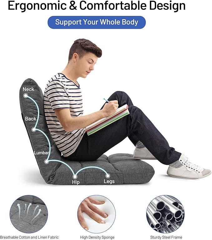 Giantex Floor Sofa Chair Video Gaming Chair with 14 Adjustable Position Padded Back Support Floor Cushioned Seat Folding Lazy Chair for Meditation Reading Watching Living Room Recliner(Grey)