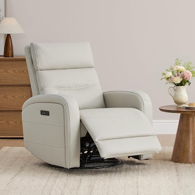 Watson &amp Whitely Swivel Recliner with Power Headrest Recliner Chairs for Adults Small Glider Rocker for Living Room Faux Leather in Cream