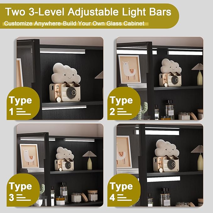 L Shaped Corner Desk with Keyboard Tray &amp Power Outlet Home Office Desk with LED Lighting &amp Storage Cabinet Computer Desks with Drawers/Glass Cabinets for Study Room Corporate (Black)