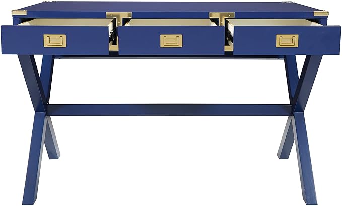 OSP Home Furnishings Wellington 46-Inch Writing Desk with Power Hub and 3 Storage Drawers Lapis Blue