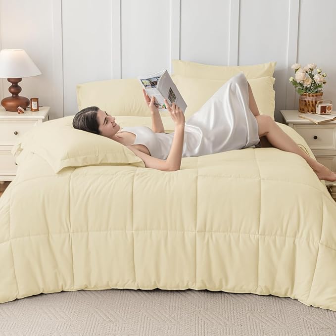 JOLLYVOGUE Twin Comforter Set Ultra-Soft Bed in a Bag Twin Size 5 Pieces Oeko-TEX Certified Bedding Set with Down Alternative Comforter Sheets Pillowcases &amp Shams Light Yellow