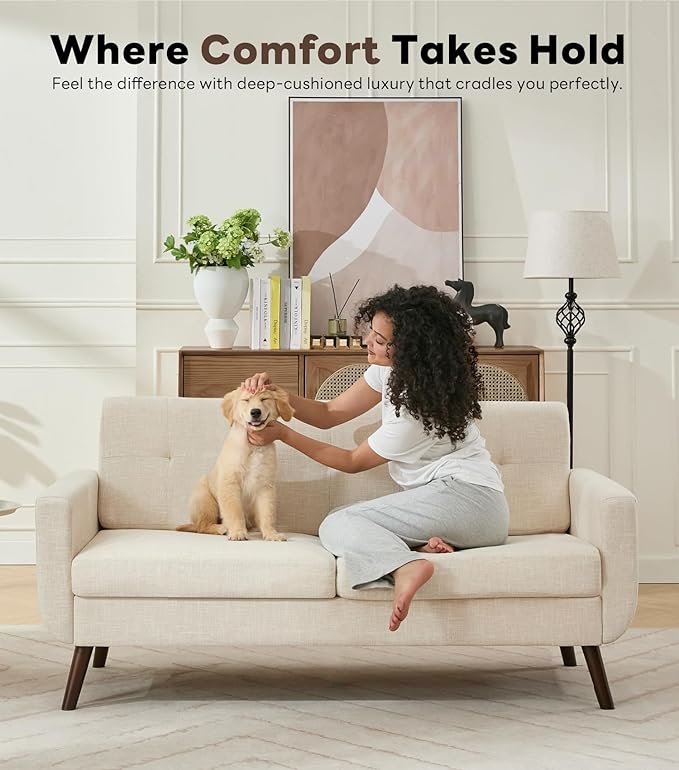 Tbfit Loveseat Sofa 65 W Mid Century Modern Love Seat Couches for Living Room Button Tufted Upholstered Small Sofa Couch for Bedroom Beige