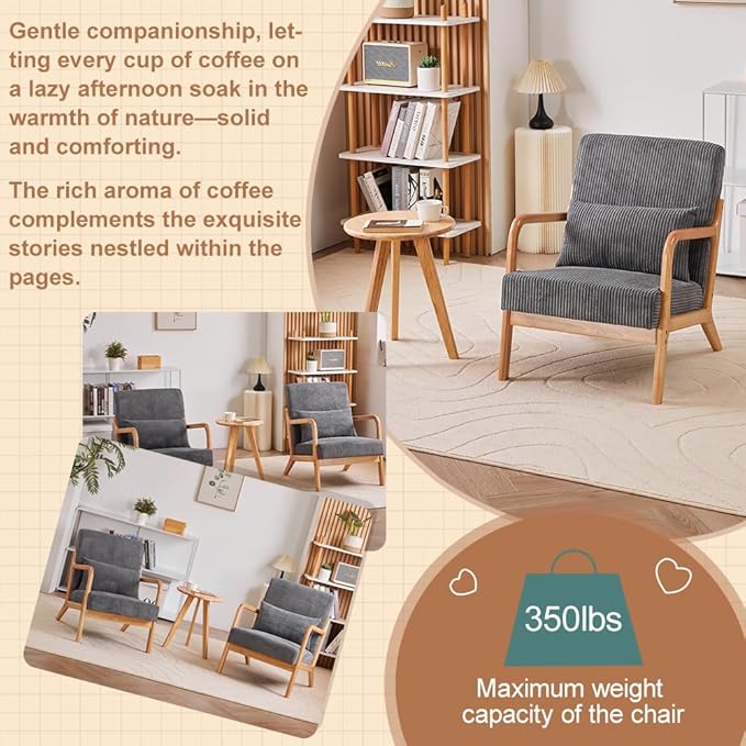 Mid-Century Accent Chair Upholstered Fabric Living Room Chair with Solid Wood Frame Modern Small Side Arm Chairs Comfy Wingback Reading Chair for Bedroom Office (Dark Grey A+Table)